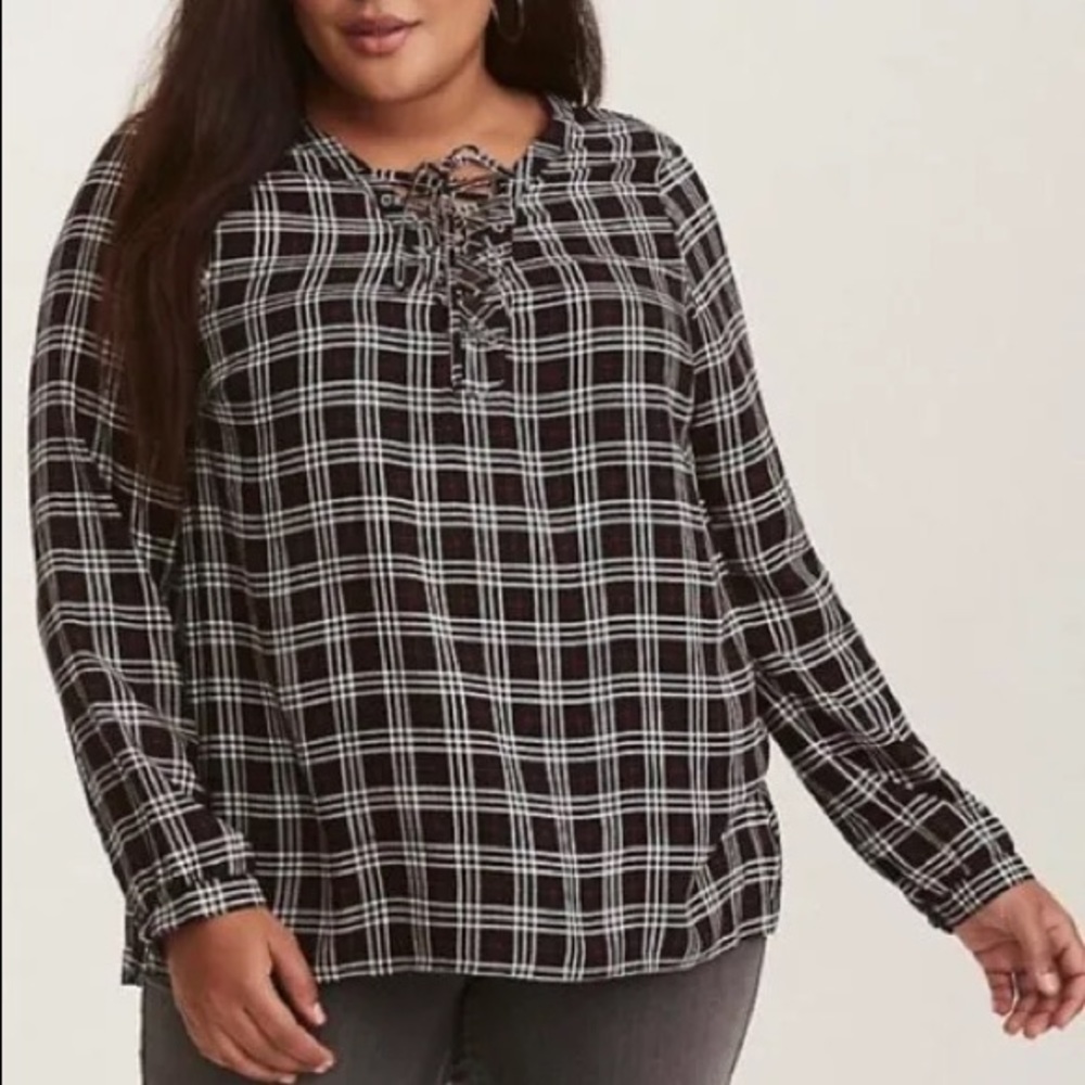 Torrid Challis Plaid Long Sleeve Tunic Blouse